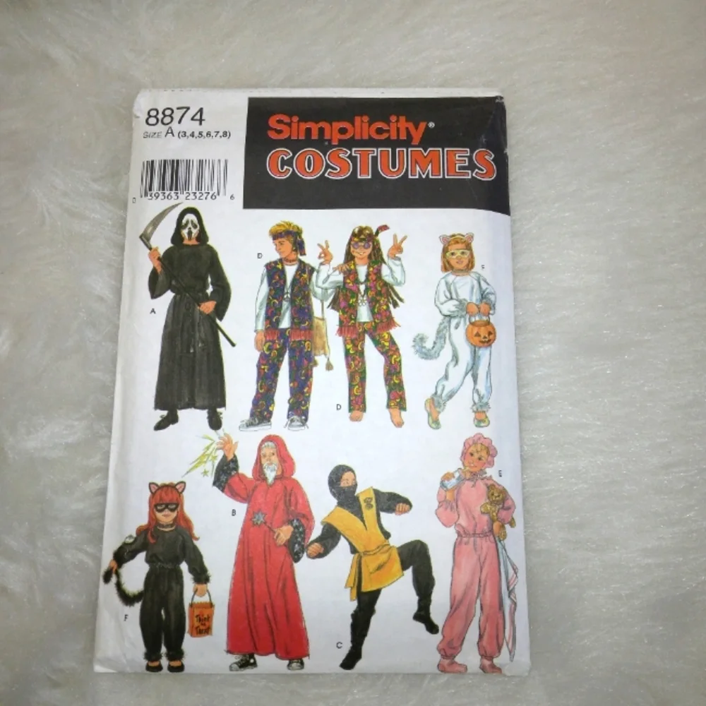 SIMPLICITY 8874 Sz 3-8 Collection of fun costumes: ninja cat reaper wizard hippi
